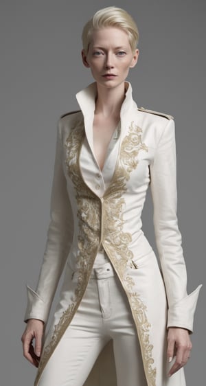 ultra Realistic,  Extreme beautiful,  woman,  Tilda swinton,  (flat chest),  solo,  perfect face,  perfect body,  perfect proportion,platinum blonde long hair,  beautiful green eyes, long leg,luxury Gothic military tailcoat, gold embroidery White leather glove,  dynamic pose, b3rli,  photo r3al,  b3rli, 