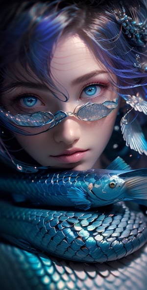 girl, mermaid , (indigo fish scale:1.4), jellyfish, high contrast, masterpiece, uhd, hair accecories(fractal art:1), detailed face, (detailed clothes), half body photo art,DonMBl00mingF41ryXL ,perfecteyes,xjrex