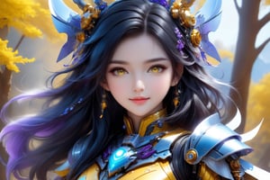 (full length view:1.5), (yellow background:1.5), (masterpiece, best quality:1.33), Meet a Girl robot, 20-year-old robot companion, round azure eyes. Mountain, water, trees, a cute baby red dragon, Its charming head is predominantly adorned in a delightful blend of sky blue and purple, leaning more towards the pristine white shade. The round face exudes an endearing appeal, paired with a petite armored body that adds to its adorable nature. All set against a clean and immaculate white background, this girl robot encapsulates the perfect fusion of cuteness and innovation, happy smile, (high quality, 8k, best composition, symmetry, aesthetic), (made in adobe illustrator:1.33), 

front_view, (1girl, looking at viewer), black long hair, black metalic mechanical_armor, dynamic pose, delicate yellow filigree, intricate filigree, yellow metalic parts, intricate armor, detailed part, open eyes, seductive eyes, steampunk style,mecha,4nime style,DonMPl4sm4T3chXL ,xxmix_girl,mythical clouds,EpicSky,cloud,Sci-fi,LinkGirl,Chibi Style,DonMB4nsh33XL 