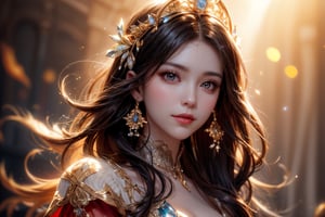 best quality, masterpiece, beautiful and aesthetic, 16K, (HDR:1.4), high contrast, bokeh:1.2, lens flare, (vibrant color:1.4), (muted colors, dim colors, soothing tones:0), wearing red wedding_dress,A red light behind the back,cinematic lighting, ambient lighting, sidelighting, Exquisite details and textures, cinematic shot, Warm tone, (Bright and intense:1.2), wide shot, by playai, ultra realistic illustration, siena natural ratio, anime style,	head to toe,	long Wave dark gray hair, 	(a smile on one's face:0.9),	golden	pastel dress with abundant cascade of ruffles, Excessivism art,	a sexy neighbor's wife,happy smile,Pale skin, icy eyeshadow,	a small earrings, , in the style of detailed character design, digital airbrushing, dark white and light aquamarine, 8k resolution, intricate lines, rococo style, glowing colors an ultra hd, detailed painting, digital art, Jean-Baptiste Monge style, bright, beautiful, splash, glittering, cute and adorable, filigree, rim lighting, extremely, magic, surreal, fantasy, digital art, WLOP, Artgerm, James Jean, broken glass effect, stunning, energy, molecular textures, iridescent and luminescent scales, breathtaking beauty, pure perfection, divine presence, unforgettable, impressive, breathtaking beauty, volumetric light, by ivv, rays, vivid colors reflects, uhd,1 girl