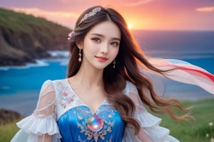 Witch woman, conservative clothing, ionic rainbow, blue crane, dressed in blue, red and white princess dress, upper body close-up, close-up photo, jewelry, vision of heaven and earth, magic crystal ball ,(masterpiece, top quality, top quality, 8K,1 female, beautiful face, smile, long hair flying in the wind, 19 years old,full body view, dynamic pose,  pink short flowered dress,delicate white filigree, intricate filigree,open eyes, seductive eyes, sunset.