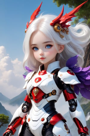 (full length view:1.5), (white background:1.5), (masterpiece, best quality:1.33), Meet a delightful infant robotic companion with a generously sized cranium and expansive, round azure eyes. Mountain, water, trees, a cute baby red dragon, Its charming head is predominantly adorned in a delightful blend of sky blue and purple, leaning more towards the pristine white shade. The round face exudes an endearing appeal, paired with a petite armored body that adds to its adorable nature. All set against a clean and immaculate white background, this baby robot encapsulates the perfect fusion of cuteness and innovation, (high quality, 8k, best composition, symmetry, aesthetic), (made in adobe illustrator:1.33), 

front_view, (1girl, looking at viewer), white long hair, red metalic mechanical_armor, dynamic pose, delicate white filigree, intricate filigree, red metalic parts, intricate armor, detailed part, open eyes, seductive eyes, steampunk style,mecha,4nime style,DonMPl4sm4T3chXL ,xxmix_girl,mythical clouds,EpicSky,cloud,Sci-fi,DonMB4nsh33XL ,robot