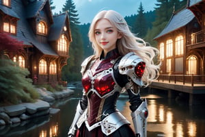 front_view, (1girl, looking at viewer), white long hair, black metalic mechanical_armor, dynamic pose, delicate white filigree, intricate filigree, red metalic parts, intricate armor, detailed part,open eyes, seductive eyes, smile,beutiful  forest in the background, standing next to a beautiful creek, night time, steampunk style,mecha,4nime style,4k.,glitter