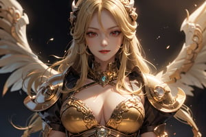 (((Olympus background))), (night), (((blonde_hair:1.3))), (longhairstyle:1.4), ((red eyes)), ((1 mature woman:1.3)), (busty), Normally developed, best quality, extremely detailed, HD, 8k, (evil smile), (evil face), (red_armor),  angel_wings, sfw, (red lips),1 girl,GdClth,1girl,leoarmor