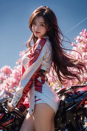 front_view, (1girl, looking at viewer),20-year-old  companion, happy smile, full body view, sunset, ound azure eyes. white long hair, red leather jacket, dynamic pose, delicate pink filigree, intricate filigree, pink wood parts, detailed part, open eyes, seductive eyes, steampunk style, windbreaker made of blue silk, 4nime style,DonMPl4sm4T3chXL ,xxmix_girl,mythical clouds,standing under the blue sky,cloud,Sci-fi,LinkGirl,Chibi ,,mecha