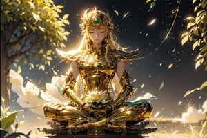 In the sky, there are white clouds,1 girl, a solemn and kind appearance, long straight hair,his eyes closed, With hands clasped together, he sat on a lotus platform , on the Desert.golden lotus.under the big green Bodhi tree.yellow.