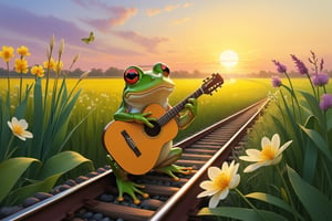 Walking beside the railway, I carry my guitar,
The reed flowers lower their heads and smile,the frog looks up,
Harmony one sentence at a time and sing one by one,The old cow looks at me,
The snail walks slowly under the sunset.