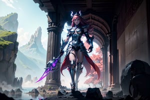 "Generate a visually stunning 4K ultra HDR high-quality image featuring a lovely and muscular warrior woman. Clothe him in magical fantasy-style armor that gleams with enchantment, accentuating his powerful physique. Ensure meticulous detail in the armor's design, standing on an  stone bridge, mountains,  bright sunny day, making it both ornate and functional. Place in his hand a glowing, shiny, and smooth sword that emanates magical brilliance. Create a perfect and super-realistic scene that combines photographic excellence, photorealism, and fantasy aesthetics. The image should encapsulate the essence of a hero in a mythical world, where every detail, from the warrior's expression to the magical elements, contributes to a visually captivating and immersive experience.",mecha musume,Argus_ML,dragon ear,ezio_soul3142,ff14bg,Hajime_Saitou,mecha,DonMC3l3st14l3xpl0r3rsXL,wrench_elven_arch,yaohu,rimuru_tempest,natsu_dragneel,robot,Megu-KJ,outdoors,light particles, Megu hat, megu dress, megu cape,WonderWaifu,(paper cup),Circle,indoors,mecha_girl_figure,no_humans,Nature,Selena_ML