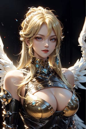 (((Olympus background))), (night), (((blonde_hair:1.3))), (longhairstyle:1.4), ((red eyes)), ((1 mature woman:1.3)), (busty), Normally developed, best quality, extremely detailed, HD, 8k, (evil smile), (evil face), (black_armor),  angel_wings, sfw, (red lips),1 girl,GdClth,1girl,leoarmor,DonM3l3m3nt4l