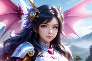 (full length view:1.5), (pink background:1.5), (masterpiece, best quality:1.33), Meet a Girl robot, 20-year-old robot companion, round azure eyes. Mountain, water, trees, a cute baby red dragon, Its charming head is predominantly adorned in a delightful blend of sky blue and purple, leaning more towards the pristine white shade. The round face exudes an endearing appeal, paired with a petite armored body that adds to its adorable nature. All set against a clean and immaculate white background, this girl robot encapsulates the perfect fusion of cuteness and innovation, happy smile, (high quality, 8k, best composition, symmetry, aesthetic), (made in adobe illustrator:1.33), 

front_view, (1girl, looking at viewer), black long hair, black metalic mechanical_armor, dynamic pose, delicate yellow filigree, intricate filigree, yellow metalic parts, intricate armor, detailed part, open eyes, seductive eyes, steampunk style,mecha,4nime style,DonMPl4sm4T3chXL ,xxmix_girl,mythical clouds,EpicSky,cloud,Sci-fi,LinkGirl,Chibi Style,DonMB4nsh33XL 