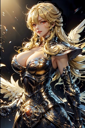 (((Olympus background))), (night), (((blonde_hair:1.3))), (longhairstyle:1.4), ((red eyes)), ((1 mature woman:1.3)), (busty), Normally developed, best quality, extremely detailed, HD, 8k, (evil smile), (evil face), (black_armor),  angel_wings, sfw, (red lips),1 girl,GdClth,1girl,leoarmor,DonM3l3m3nt4l