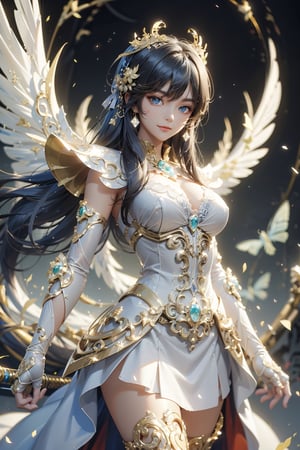 oil painting(medium), flat color, very aesthetic, intricate, best quality ,amazing quality, extremely hyghres resolution, ultra-detailed, intricate detailed face and eyes, intricate line, delicate drawing, (an anime character in the sky holding a sword high over her head, weapon), sword, long hair, black hair, wings, solo, red eyes, thighhighs, holding, holding weapon, feathered wings, holding sword, katana, 1girl, most beautiful korean girl, Korean beauty model, extremely detailed beautiful girl, stunningly beautiful girl, gorgeous girl, 18yo, over sized eyes, big eyes, smiling, looking at viewer, ultra delicate, clearly, super fine illustration, absorbres, pastel art, BREAK beautiful lighting, beautiful glow, more_details:-1, more_details:0, more_details:0.5, more_details:1, more_details:1.5