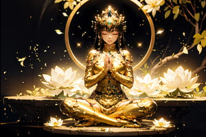 A Guanyin with eyes closed and hands clasped in prayer,Sitting on the lotus platform.there are white clouds and a large transparent golden lotus, with countless little golden lights floating around.