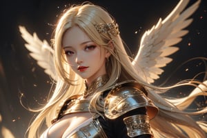 (((Olympus background))), (night), (((blonde_hair:1.3))), (longhairstyle:1.4), ((red eyes)), ((1 mature woman:1.3)), (busty), Normally developed, best quality, extremely detailed, HD, 8k, (evil smile), (evil face), (black_armor),  angel_wings, sfw, (red lips),1 girl,GdClth,1girl,leoarmor,DonM3l3m3nt4l,EpicS,girl