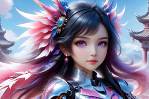 (full length view:1.5), (pink background:1.5), (masterpiece, best quality:1.33), Meet a Girl robot, 20-year-old robot companion, round azure eyes. Mountain, water, trees, a cute baby red dragon, Its charming head is predominantly adorned in a delightful blend of sky blue and purple, leaning more towards the pristine white shade. The round face exudes an endearing appeal, paired with a petite armored body that adds to its adorable nature. All set against a clean and immaculate white background, this girl robot encapsulates the perfect fusion of cuteness and innovation, happy smile, (high quality, 8k, best composition, symmetry, aesthetic), (made in adobe illustrator:1.33), 

front_view, (1girl, looking at viewer), black long hair, black metalic mechanical_armor, dynamic pose, delicate pink filigree, intricate filigree, black metalic parts, intricate armor, detailed part, open eyes, seductive eyes, steampunk style,mecha,4nime style,DonMPl4sm4T3chXL ,xxmix_girl,mythical clouds,EpicSky,cloud,Sci-fi,LinkGirl,Chibi Style,DonMB4nsh33XL 
