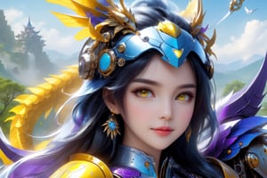 (full length view:1.5), (yellow background:1.5), (masterpiece, best quality:1.33), Meet a Girl robot, 20-year-old robot companion, round azure eyes. Mountain, water, trees, a cute baby red dragon, Its charming head is predominantly adorned in a delightful blend of sky blue and purple, leaning more towards the pristine white shade. The round face exudes an endearing appeal, paired with a petite armored body that adds to its adorable nature. All set against a clean and immaculate white background, this girl robot encapsulates the perfect fusion of cuteness and innovation, happy smile, (high quality, 8k, best composition, symmetry, aesthetic), (made in adobe illustrator:1.33), 

front_view, (1girl, looking at viewer), black long hair, black metalic mechanical_armor, dynamic pose, delicate yellow filigree, intricate filigree, yellow metalic parts, intricate armor, detailed part, open eyes, seductive eyes, steampunk style,mecha,4nime style,DonMPl4sm4T3chXL ,xxmix_girl,mythical clouds,EpicSky,cloud,Sci-fi,LinkGirl,Chibi Style,DonMB4nsh33XL 