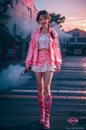 front_view, (1girl, looking at viewer),20-year-old  companion, happy smile, full body view, sunset, ound azure eyes. white long hair, pink shirt , wearing a short floral skirt, wearing long pink riding boots,dynamic pose, delicate pink filigree, intricate filigree, pink wood parts, detailed part, open eyes, seductive eyes, steampunk style, windbreaker made of pink silk, 4nime style,DonMPl4sm4T3chXL ,xxmix_girl,mythical clouds,standing under the blue sky,cloud,Sci-fi,LinkGirl,Chibi ,,bagpipeqr,Animal ear,mecha