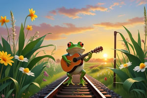 Walking beside the railway, I carry my guitar,
The reed flowers lower their heads and smile,the frog looks up,
Harmony one sentence at a time and sing one by one,The old cow looks at me,
The snail walks slowly under the sunset.