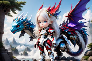 (full length view:1.5), (white background:1.5), (masterpiece, best quality:1.33), Meet a delightful infant robotic companion with a generously sized cranium and expansive, round azure eyes. Mountain, water, trees, a cute baby red dragon, Its charming head is predominantly adorned in a delightful blend of sky blue and purple, leaning more towards the pristine white shade. The round face exudes an endearing appeal, paired with a petite armored body that adds to its adorable nature. All set against a clean and immaculate white background, this baby robot encapsulates the perfect fusion of cuteness and innovation, (high quality, 8k, best composition, symmetry, aesthetic), (made in adobe illustrator:1.33), 

front_view, (1girl, looking at viewer), white long hair, red metalic mechanical_armor, dynamic pose, delicate white filigree, intricate filigree, red metalic parts, intricate armor, detailed part, open eyes, seductive eyes, steampunk style,mecha,4nime style,DonMPl4sm4T3chXL ,xxmix_girl,mythical clouds,EpicSky,cloud,Sci-fi