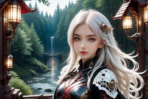 front_view, (1girl, looking at viewer), white long hair, black metalic mechanical_armor, dynamic pose, delicate white filigree, intricate filigree, red metalic parts, intricate armor, detailed part,open eyes, seductive eyes, beutiful  forest in the background, standing next to a beautiful creek, night time, steampunk style,mecha,4nime style,4k.,glitter