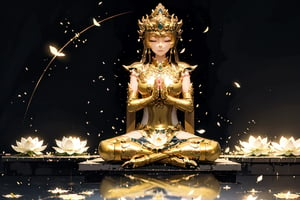 A Guanyin with eyes closed and hands clasped in prayer,Sitting on the lotus platform.there are white clouds and a large transparent golden lotus, with countless little golden lights floating around.