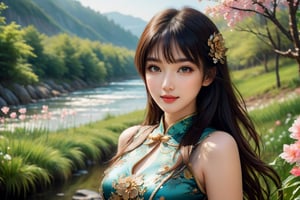 (masterpiece, top quality, best quality, official art, beautiful and aesthetic:1.2), hdr, high contrast, wideshot, 1girl, long black straight hair with bangs, looking at viewer, relaxing expression, clearly brown eyes, longfade eyebrow, soft make up, ombre lips,full breasts , hourglass body, finger detailed, BREAK wearing half naked floral cheongsam, holding flower, (smeling flower), (spring season theme:1.5), windy, spring forest background detailed, ambient lighting, extreme detailed, cinematic shot, realistic ilustration, (soothing tones:1.3), (hyperdetailed:1.2),detailed part,open eyes, seductive eyes, smile,beutiful  forest in the background, standing next to a beautiful creek, night time, steampunk style,mecha,4nime style,4k.,glitter,LinkGirl,dragon