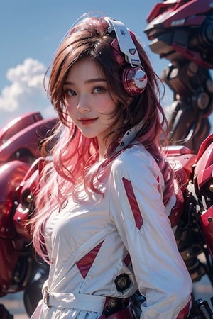 front_view, (1girl, looking at viewer),20-year-old robot companion, happy smile, ound azure eyes. white long hair, red leather jacket, dynamic pose, delicate pink filigree, intricate filigree, pink wood parts, detailed part, open eyes, seductive eyes, steampunk style, windbreaker made of blue silk, 4nime style,DonMPl4sm4T3chXL ,xxmix_girl,mythical clouds,standing under the blue sky,cloud,Sci-fi,LinkGirl,Chibi ,,mecha