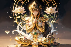 In the sky, there are white clouds,1 girl, a solemn and kind appearance, long hair,his eyes closed, With hands clasped together, he sat on a lotus platform , on the Desert.golden lotus.under the big green Bodhi tree.yellow.round golden dharma wheel,minimal lineart,soft shading,semi-realistic proportions.