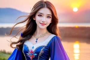 Witch woman, conservative clothing, ionic rainbow, blue crane, dressed in blue, red and white princess dress, upper body close-up, close-up photo, jewelry, vision of heaven and earth, magic crystal ball ,(masterpiece, top quality, top quality, 8K,1 female, beautiful face, smile, long hair flying in the wind, 19 years old,full body view, dynamic pose,  pink short flowered dress,delicate white filigree, intricate filigree,open eyes, seductive eyes, sunset.