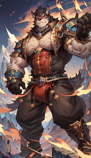 1 kemono mature male, furred, solo, 4K,  masterpiece, ultra-fine details, thick arms, prominent ear, thick eyebrow, Argus-eyed, big_muscle,  muscular thighs, tall, Muscular,
mountain hiking