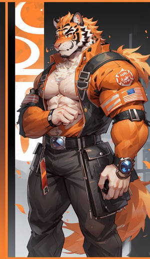 1 kemono mature male, tiger face, orange fur, solo, 4K,  masterpiece, ultra fine details, thick arms, big ear, thick eyebrow, Argus-eyed, big_muscle,  muscular thighs, tall,Muscular ,
fire fighter