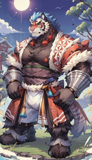 1 kemono mature male, colorful furred, solo, 4K,  masterpiece, ultra-fine details, full_body, thick arms, prominent ear, bushy eyebrow, Argus-eyed, big_muscle,  muscular thighs, tall, Muscular,
Japanese summer festival,tiger face