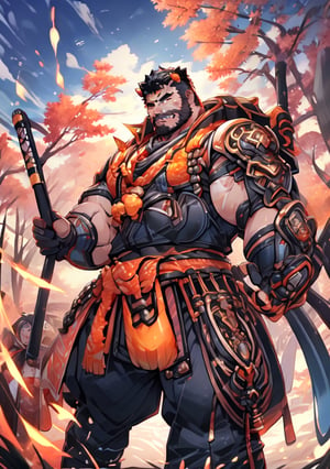 1 kemono orange tiger,  mature male, solo, 4K, full_body, masterpiece, ultra fine details,  solo_focus, standing, thick arms, big ear, thick eyebrow, big_muscle,  large_thighs, nijimale, religious clothing, tall,random emoticons