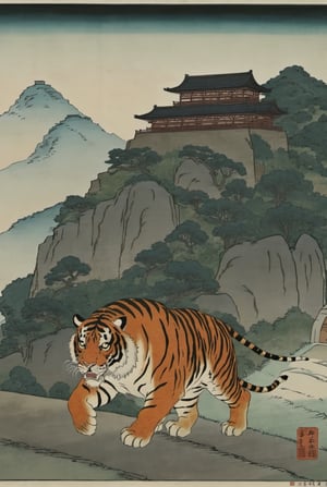 masterpiece, best quality, 
big tiger walking down the mountain, cars, buildings, ukiyoe