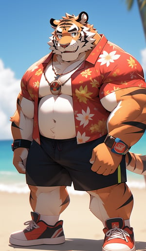 short focal length view, 1 kemono,  tiger, ((mature male)),  colorful furred,  solo,  4K,  masterpiece,  ultra-fine details,  big ear,  bushy eyebrow, serious eye, thick thighs, colored basketball shorts, full body, iron tribal necklace, 
shiny smile, ((tall)), strongmen, aloha shirt, chest fur,
 wristband,  summer beach,
sneakers, ((long socks)),
turn slightly sideways,nj5furry,niji