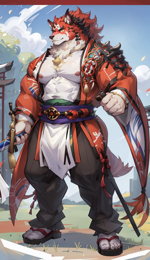 1 kemono mature male, colorful furred, solo, 4K,  masterpiece, ultra-fine details, full_body, thick arms, prominent ear, bushy eyebrow, Argus-eyed, big_muscle,  muscular thighs, tall, Muscular,
Japanese summer festival