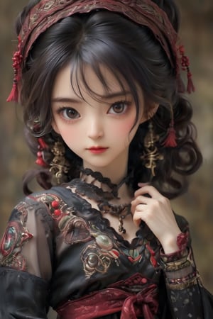 (Masterpiece, ((chibi)), Best Quality: 1.4), (Detailed Eyes Detailed Pupils Multiple Eyes), (Ambiguous, Desire: 1.2), (Poetic, Comfortable: 1.3),, 1 Girl, Shirt and Lower Body Nude, (Open clothes: 1.2),Ethnic costumes of the Miao people in China, decorated in silver, feature intricate embroidery, lace and a whimsical fusion of Victorian style elements,
Designed to age over time, the outfit consists of a robe-like garment called an "attush," made of intricately woven fabric decorated with intricate geometric patterns. She also wore a 'kaparamip' headband with decorative embroidery. The clothes are rich in brown, red, green and other earth tones, and the cute and dark charm of Gothic Lolita, LinkGirl, Gothic,xeesoxee
