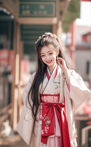 Hanbok, beautiful girl, portrait, smile, fair face, looking at viewer, aesthetics, romantic mood, Kwon Nara, beautiful hands
Background: spring garden, bright red, 1 girl,