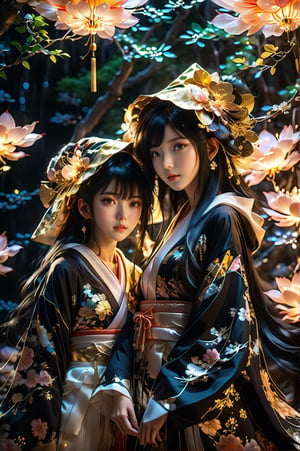 Kyoto Animation style anime, long hair, (((two girls))), beautiful, sexy black-haired woman, ethereal, (16 years old), with detailed and gorgeous hooded kimono, golden hooded kimono, miniskirt, fantasy punk. Cinematic lighting, ethereal light, intricate detail, extremely detailed, incredible detail, full color, intricate detail, extremely detailed and intricate, ultra-minimalist, extremely detailed, rich in color. Masterpiece, best quality, HDR, UHD, Unreal Engine. Representative, fair skin, rich details and high quality, gorgeous, 8k, ultra-details, gorgeous light and shadow, meticulous decoration, meticulous lines, glitter