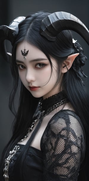 1 girl (16 years old), Whole_body, (masterful), blackened demon girl, (long black hair, fishnet shirt, (long and complex horns: 1.2)), best quality, highest quality, extremely detailed CG unified 8k wallpaper, detailed and complex, dark night background
,steampunk style,glass elements,looking_at_viewer,Taiwanese girl,goth