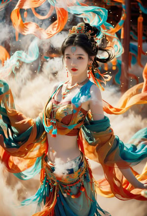 1girl, 16 years old, ethereal temperament, calm, solo, looking at the audience, black hair, bare shoulders, jewelry, standing, earrings, necklace, light particles, shawl, red lips, Dunhuang, smoke, Dunhuang