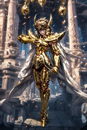 Ridiculous, high resolution, super detailed, crazy detailed face, (girls: 1.3), Virgo, golden saint, saint style, gold armor, full body armor, no helmet, zodiac knight, long white cloak, brown hair , Asian fighting style pose, Pokemon style, golden gloves, long hair, long white cloak, messy hair, golden eyes, black pants under armor, full body armor, beautiful ancient Greek temple in the background, beautiful fields, full leg armor, ultra instinct, fuji, midway, fighting stance