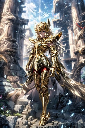 Ridiculous, high resolution, super detailed, crazy detailed face, (girl: 1.3), (bust shot: 1.3), Virgo, golden saint, saint style, gold armor, full body armor, no helmet, zodiac knight , white long cloak, blond hair, Asian fighting style pose, Pokemon style, golden gloves, long hair, white long cloak, flowing hair, golden eyes, black pants under armor, full body armor, beautiful ancient Greece in the background temple, beautiful fields, full leg armor, ultra instinct, fuji, midway, fighting stance