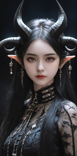 1 girl (16 years old), Whole_body, (masterful), blackened demon girl, (long black hair, fishnet shirt, (long and complex horns: 1.2)), best quality, highest quality, extremely detailed CG unified 8k wallpaper, detailed and complex, dark night background
,steampunk style,glass elements,looking_at_viewer,Taiwanese girl,goth