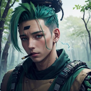 (masterpiece, top quality, best quality, official art, handsome and aesthetic:1.2),(1 shikamaru:1.4),upper body,([green|blue] hair:1.5),extreme detailed,(fractal art:1.3),(colorful:1.5),highest detailed,(Mechanical modification:1.5), in forest, smoking cigarettes, tattoo in right eye, realistic
