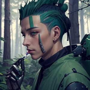 (masterpiece, top quality, best quality, official art, handsome and aesthetic:1.2),(1 shikamaru:1.4),upper body,([green|blue] hair:1.5),extreme detailed,(fractal art:1.3),(colorful:1.5),highest detailed,(Mechanical modification:1.5), in forest, smoking cigarettes, tattoo in right eye, realistic
