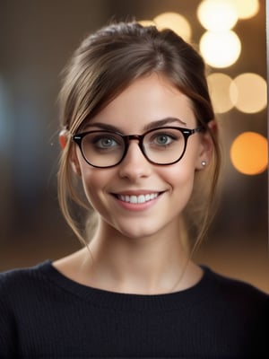 Beautiful girl wearing glasses, smiling, big eyes, blurry  background, ultra realistic, best quality, proper anatomy, smirk, beautiful, in front of viewer, looking at viewer, closeup, shallow depth of field, cinematic scene, cinematic lights