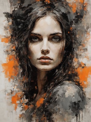 Illustration of  a woman, thick oil paint, grunge effect, use black  orange colors, by Guy Denning, by Russ Mills, centered, grunge effect background, abstract,art by sargent