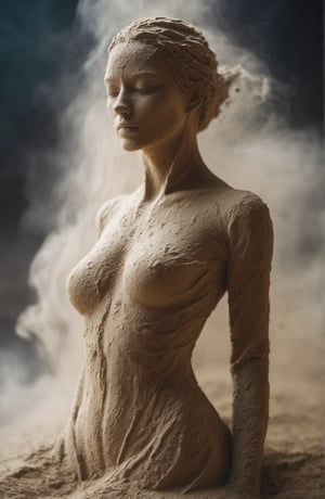 a very beautiful woman sculpture made of sand, (scattered dust), motion effects, loose sand, (loose sand), shallow focus,  lights, ultra sharp focus, high speed shot, (((art by beksinski))),
((fine-details:1.3)), (cinematic_lighting),ral-sand