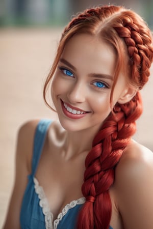 irina meier, sweet smiling at viewer, red braid hair, blue eyes, (8k, RAW photo, best quality, masterpiece:1.2),ultra-detailed, (high detailed skin:1.2), 8k uhd, dslr, soft lighting, high quality,